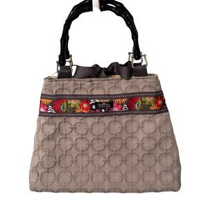 Two Crazy Daisies Bag Floral Trim Faux Bamboo Handles Purse Handbag